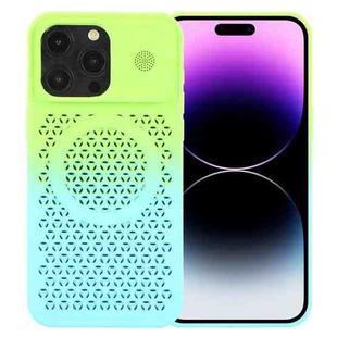 For iPhone 14 Pro Max Gradient Color Honeycomb Aromatherapy MagSafe Phone Case(Green Blue)