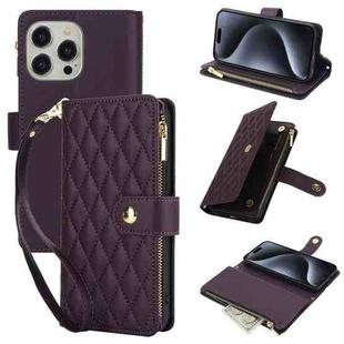 For iPhone 15 Pro Max YM016 Rhombic Zipper Card Wallet Leather Phone Case with Lanyard(Dark Purple)