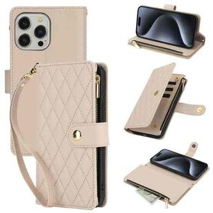 For iPhone 15 Pro Max YM016 Rhombic Zipper Card Wallet Leather Phone Case with Lanyard(Apricot)