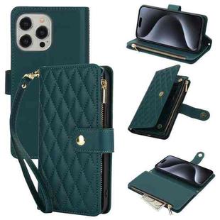 For iPhone 15 Pro YM016 Rhombic Zipper Card Wallet Leather Phone Case with Lanyard(Green)