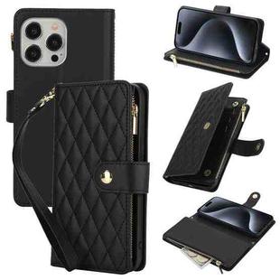 For iPhone 15 Pro YM016 Rhombic Zipper Card Wallet Leather Phone Case with Lanyard(Black)