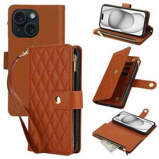 For iPhone 15 Plus YM016 Rhombic Zipper Card Wallet Leather Phone Case with Lanyard(Brown)