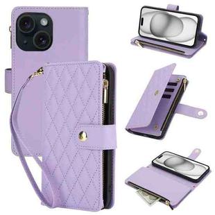 For iPhone 15 Plus YM016 Rhombic Zipper Card Wallet Leather Phone Case with Lanyard(Light Purple)