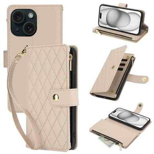 For iPhone 15 Plus YM016 Rhombic Zipper Card Wallet Leather Phone Case with Lanyard(Apricot)