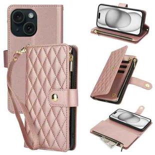 For iPhone 15 Plus YM016 Rhombic Zipper Card Wallet Leather Phone Case with Lanyard(Rose Gold)