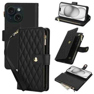 For iPhone 15 Plus YM016 Rhombic Zipper Card Wallet Leather Phone Case with Lanyard(Black)