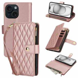 For iPhone 15 YM016 Rhombic Zipper Card Wallet Leather Phone Case with Lanyard(Rose Gold)