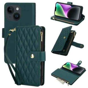 For iPhone 14 YM016 Rhombic Zipper Card Wallet Leather Phone Case with Lanyard(Green)