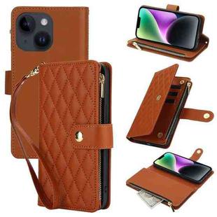 For iPhone 14 YM016 Rhombic Zipper Card Wallet Leather Phone Case with Lanyard(Brown)