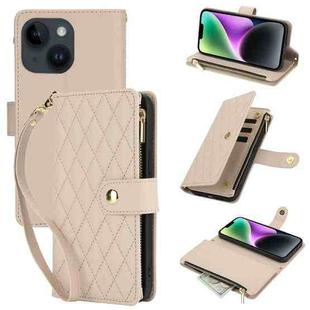 For iPhone 14 YM016 Rhombic Zipper Card Wallet Leather Phone Case with Lanyard(Apricot)
