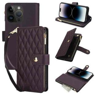 For iPhone 14 Pro YM016 Rhombic Zipper Card Wallet Leather Phone Case with Lanyard(Dark Purple)