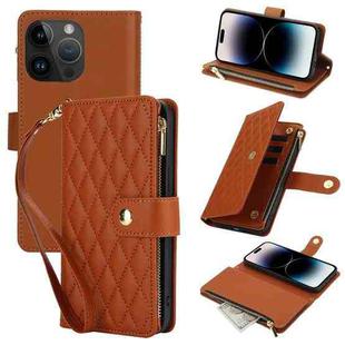 For iPhone 14 Pro YM016 Rhombic Zipper Card Wallet Leather Phone Case with Lanyard(Brown)