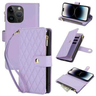 For iPhone 14 Pro YM016 Rhombic Zipper Card Wallet Leather Phone Case with Lanyard(Light Purple)