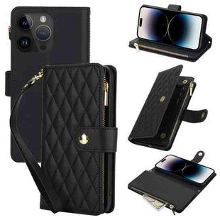 For iPhone 14 Pro YM016 Rhombic Zipper Card Wallet Leather Phone Case with Lanyard(Black)