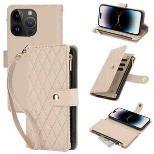 For iPhone 14 Pro Max YM016 Rhombic Zipper Card Wallet Leather Phone Case with Lanyard(Apricot)