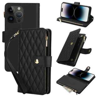 For iPhone 14 Pro Max YM016 Rhombic Zipper Card Wallet Leather Phone Case with Lanyard(Black)