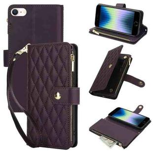 For iPhone SE 2022 / SE 2020 / 8 YM016 Rhombic Zipper Card Wallet Leather Phone Case with Lanyard(Dark Purple)