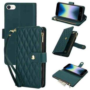 For iPhone SE 2022 / SE 2020 / 8 YM016 Rhombic Zipper Card Wallet Leather Phone Case with Lanyard(Green)