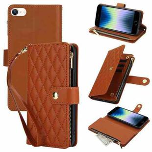 For iPhone SE 2022 / SE 2020 / 8 YM016 Rhombic Zipper Card Wallet Leather Phone Case with Lanyard(Brown)