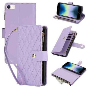 For iPhone SE 2022 / SE 2020 / 8 YM016 Rhombic Zipper Card Wallet Leather Phone Case with Lanyard(Light Purple)