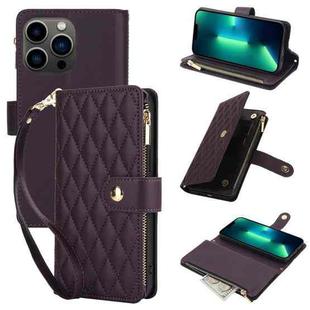 For iPhone 13 Pro Max YM016 Rhombic Zipper Card Wallet Leather Phone Case with Lanyard(Dark Purple)