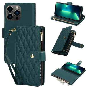 For iPhone 13 Pro Max YM016 Rhombic Zipper Card Wallet Leather Phone Case with Lanyard(Green)