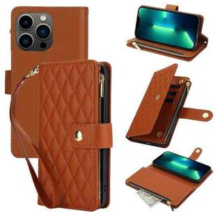 For iPhone 13 Pro Max YM016 Rhombic Zipper Card Wallet Leather Phone Case with Lanyard(Brown)