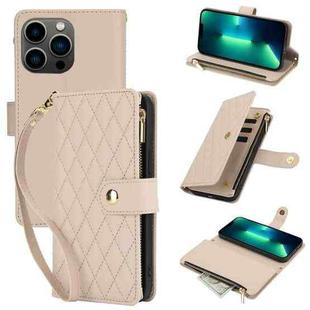 For iPhone 13 Pro Max YM016 Rhombic Zipper Card Wallet Leather Phone Case with Lanyard(Apricot)