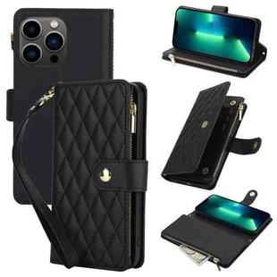 For iPhone 13 Pro Max YM016 Rhombic Zipper Card Wallet Leather Phone Case with Lanyard(Black)