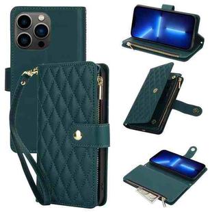 For iPhone 13 Pro YM016 Rhombic Zipper Card Wallet Leather Phone Case with Lanyard(Green)