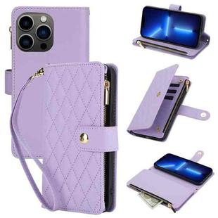 For iPhone 13 Pro YM016 Rhombic Zipper Card Wallet Leather Phone Case with Lanyard(Light Purple)