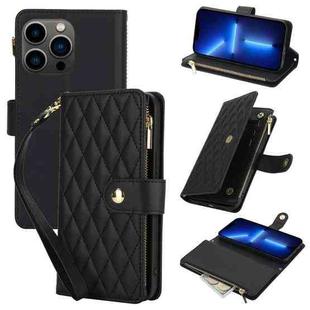 For iPhone 13 Pro YM016 Rhombic Zipper Card Wallet Leather Phone Case with Lanyard(Black)