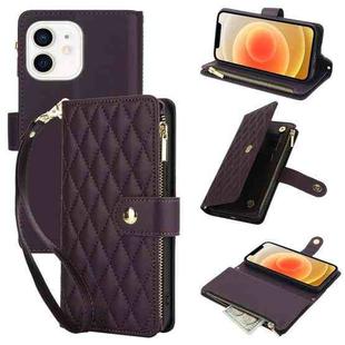 For iPhone 12 / 12 Pro YM016 Rhombic Zipper Card Wallet Leather Phone Case with Lanyard(Dark Purple)