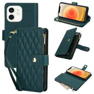 For iPhone 12 / 12 Pro YM016 Rhombic Zipper Card Wallet Leather Phone Case with Lanyard(Green)