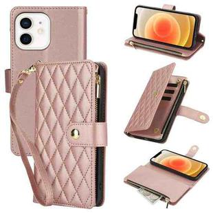 For iPhone 12 / 12 Pro YM016 Rhombic Zipper Card Wallet Leather Phone Case with Lanyard(Rose Gold)