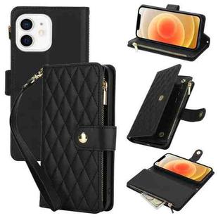 For iPhone 12 / 12 Pro YM016 Rhombic Zipper Card Wallet Leather Phone Case with Lanyard(Black)