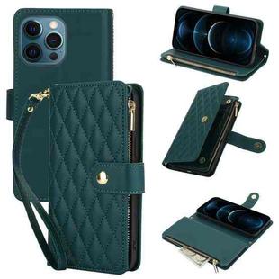 For iPhone 12 Pro Max YM016 Rhombic Zipper Card Wallet Leather Phone Case with Lanyard(Green)