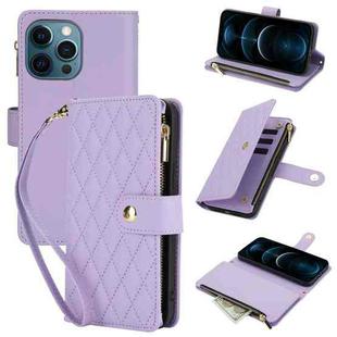 For iPhone 12 Pro Max YM016 Rhombic Zipper Card Wallet Leather Phone Case with Lanyard(Light Purple)