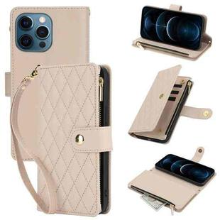 For iPhone 12 Pro Max YM016 Rhombic Zipper Card Wallet Leather Phone Case with Lanyard(Apricot)