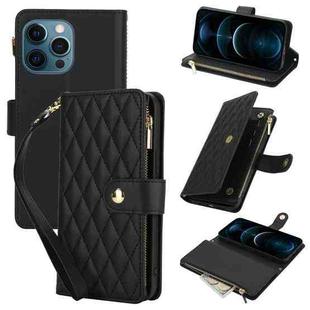 For iPhone 12 Pro Max YM016 Rhombic Zipper Card Wallet Leather Phone Case with Lanyard(Black)