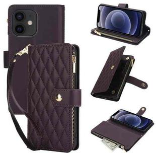 For iPhone 12 mini YM016 Rhombic Zipper Card Wallet Leather Phone Case with Lanyard(Dark Purple)