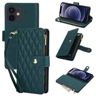 For iPhone 12 mini YM016 Rhombic Zipper Card Wallet Leather Phone Case with Lanyard(Green)