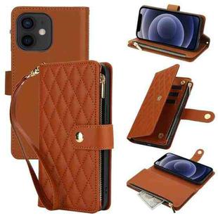 For iPhone 12 mini YM016 Rhombic Zipper Card Wallet Leather Phone Case with Lanyard(Brown)