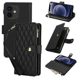 For iPhone 12 mini YM016 Rhombic Zipper Card Wallet Leather Phone Case with Lanyard(Black)