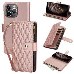 For iPhone 11 Pro Max YM016 Rhombic Zipper Card Wallet Leather Phone Case with Lanyard(Rose Gold)