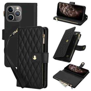 For iPhone 11 Pro Max YM016 Rhombic Zipper Card Wallet Leather Phone Case with Lanyard(Black)