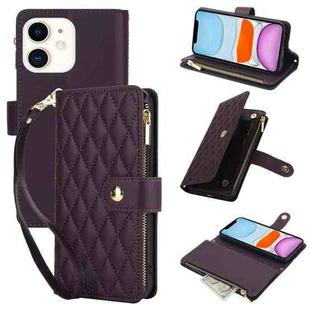 For iPhone 11 YM016 Rhombic Zipper Card Wallet Leather Phone Case with Lanyard(Dark Purple)