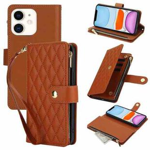 For iPhone 11 YM016 Rhombic Zipper Card Wallet Leather Phone Case with Lanyard(Brown)