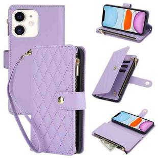 For iPhone 11 YM016 Rhombic Zipper Card Wallet Leather Phone Case with Lanyard(Light Purple)