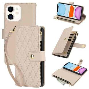 For iPhone 11 YM016 Rhombic Zipper Card Wallet Leather Phone Case with Lanyard(Apricot)